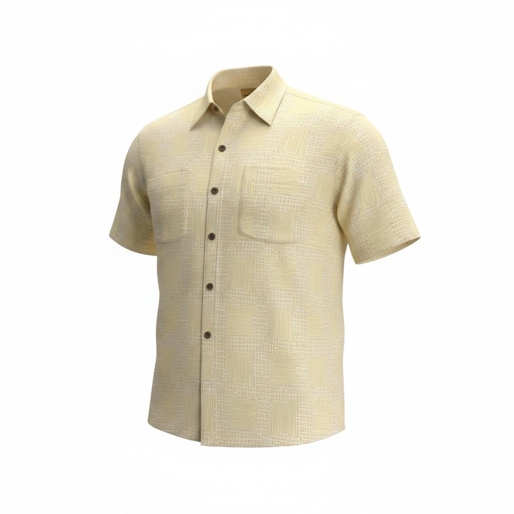 Tommy Bahama Men's XL 100% Silk Geometric Camp Shirt Ivory Yellow Resort